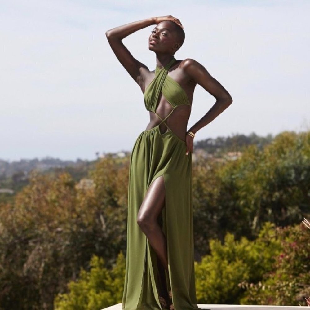 NWT Camila Coelho Scarlet Sheer Wrap Maxi Dress Halter Cover Up Sage Green Small
